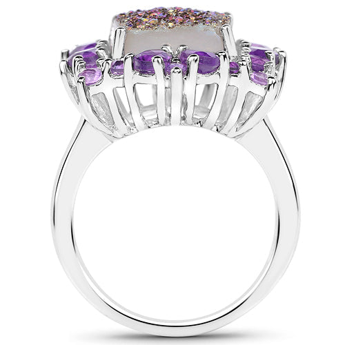 5.97 Carat Genuine Drusy Quartz and Amethyst .925 Sterling Silver Ring on sale at MyriadMart