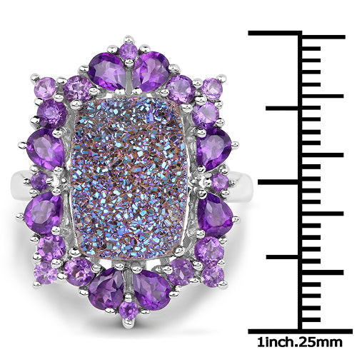 5.97 Carat Genuine Drusy Quartz and Amethyst .925 Sterling Silver Ring on sale at MyriadMart