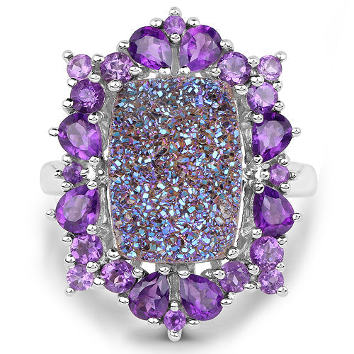 5.97 Carat Genuine Drusy Quartz and Amethyst .925 Sterling Silver Ring on sale at MyriadMart