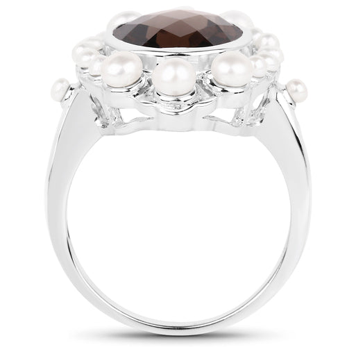 5.75 Carat Genuine Smoky Quartz and Pearl .925 Sterling Silver Ring on sale at MyriadMart