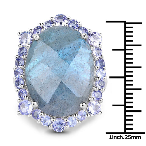 13.99 Carat Genuine Labradorite and Tanzanite .925 Sterling Silver Ring on sale at MyriadMart