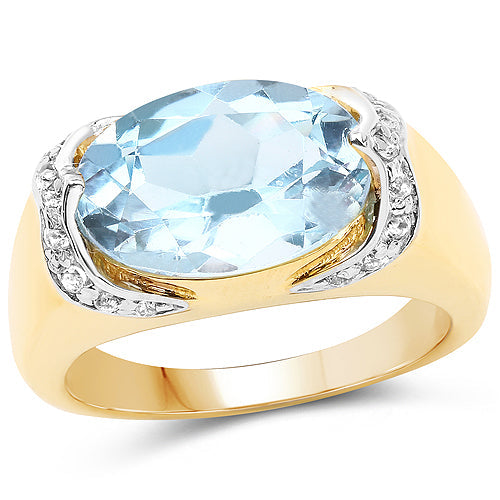 14K Yellow Gold Plated 6.56 Carat Genuine Blue Topaz and White Topaz .925 Sterling Silver Ring on sale at MyriadMart