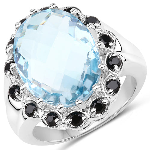 12.49 Carat Genuine Blue Topaz & Black Spinel .925 Sterling Silver Ring on sale at MyriadMart