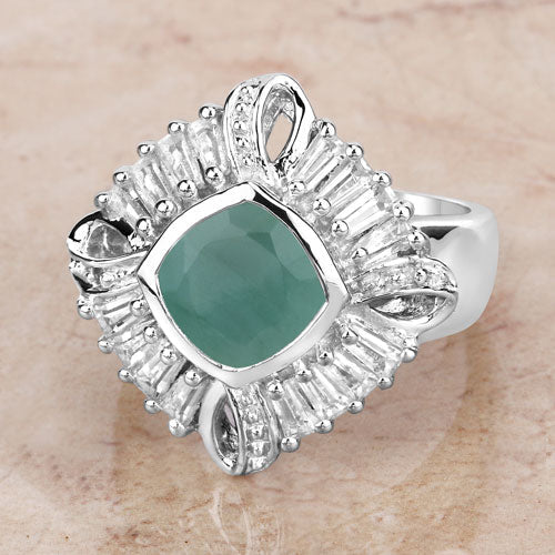 "2.57 Carat Genuine Emerald, White Topaz and White Diamond .925 Sterling Silver Ring on sale at MyriadMart