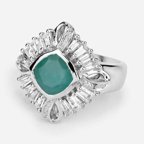 "2.57 Carat Genuine Emerald, White Topaz and White Diamond .925 Sterling Silver Ring on sale at MyriadMart