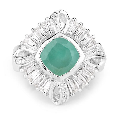 "2.57 Carat Genuine Emerald, White Topaz and White Diamond .925 Sterling Silver Ring on sale at MyriadMart