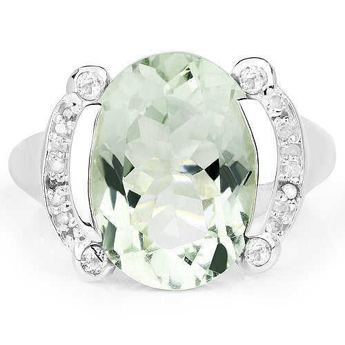8.12 Carat Genuine Green Amethyst, White Topaz & White Diamond .925 Sterling Silver Ring on sale at MyriadMart