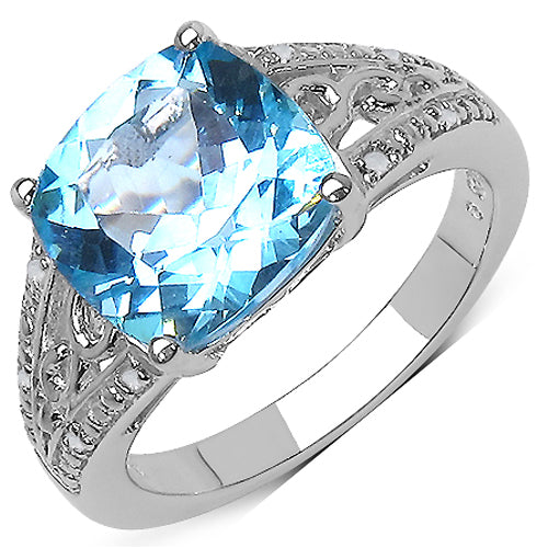 5.05 Carat Genuine Blue Topaz and 0.05 ct.t.w Genuine Diamond Accents Sterling Silver Ring on sale at MyriadMart