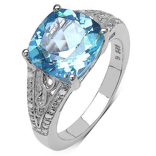 5.05 Carat Genuine Blue Topaz and 0.05 ct.t.w Genuine Diamond Accents Sterling Silver Ring on sale at MyriadMart