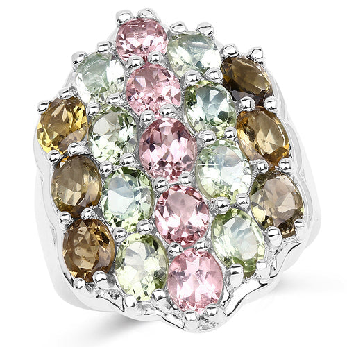 6.74 Carat Genuine Brown Tourmaline, Pink Tourmaline & Green Tourmaline .925 Sterling Silver Ring on sale at MyriadMart