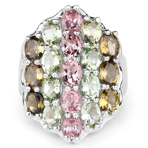 6.74 Carat Genuine Brown Tourmaline, Pink Tourmaline & Green Tourmaline .925 Sterling Silver Ring on sale at MyriadMart