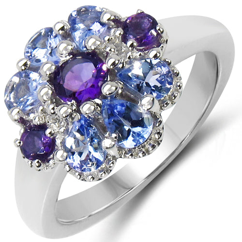 1.25 Carat Genuine Tanzanite, Amethyst & White Topaz .925 Sterling Silver Ring on sale at MyriadMart