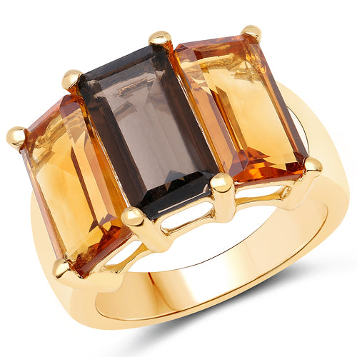 14K Yellow Gold Plated 8.14 Carat Genuine Smoky Quartz, Citrine and Champagne Quartz .925 Sterling Silver Ring on sale at MyriadMart