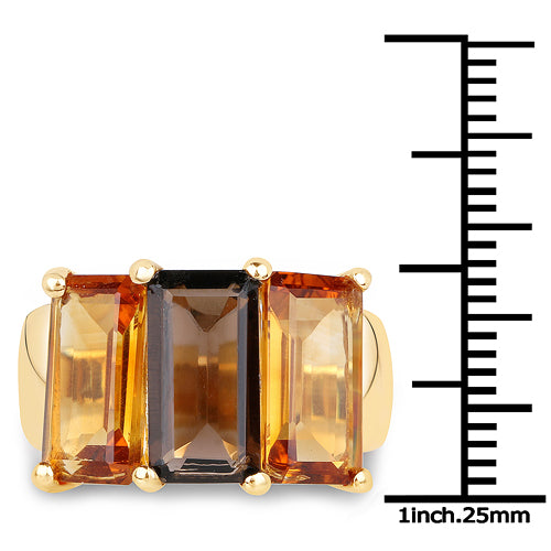 14K Yellow Gold Plated 8.14 Carat Genuine Smoky Quartz, Citrine and Champagne Quartz .925 Sterling Silver Ring on sale at MyriadMart