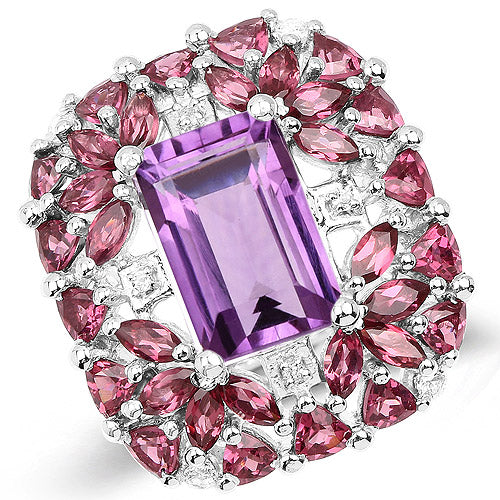 7.59 Carat Genuine Pink Amethyst, Rhodolite and White Topaz .925 Sterling Silver Ring on sale at MyriadMart