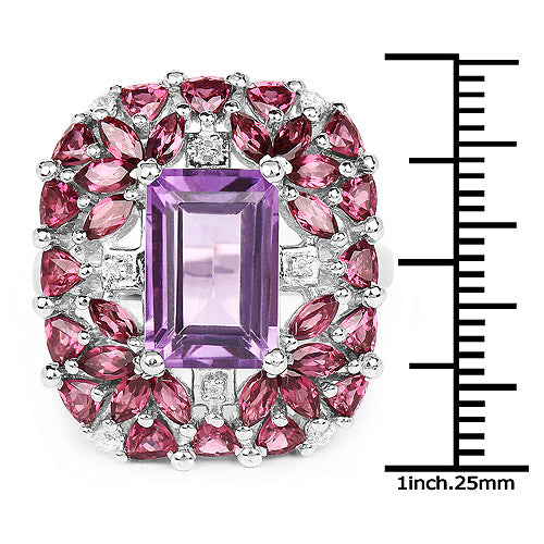 7.59 Carat Genuine Pink Amethyst, Rhodolite and White Topaz .925 Sterling Silver Ring on sale at MyriadMart