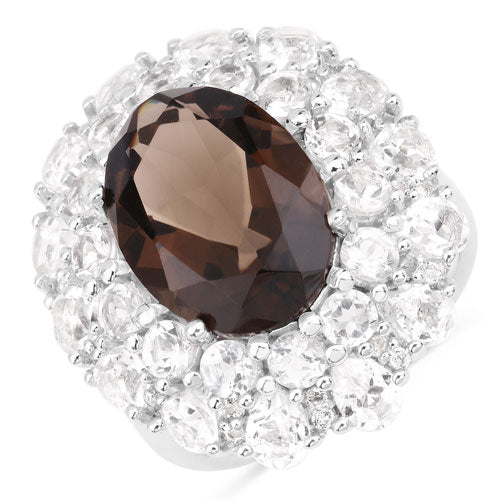 9.29 Carat Genuine Smoky Quartz and White Topaz .925 Sterling Silver Ring on sale at MyriadMart
