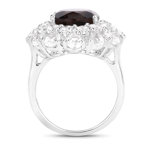 9.29 Carat Genuine Smoky Quartz and White Topaz .925 Sterling Silver Ring on sale at MyriadMart