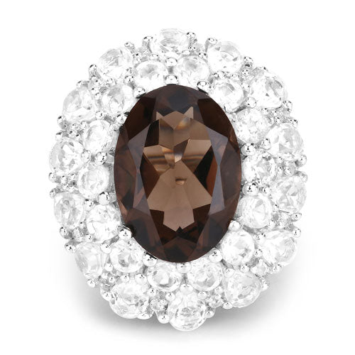 9.29 Carat Genuine Smoky Quartz and White Topaz .925 Sterling Silver Ring on sale at MyriadMart