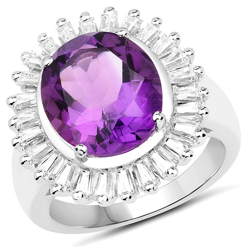 5.36 Carat Genuine Amethyst and White Topaz Ring in Sterling Silver on sale at MyriadMart