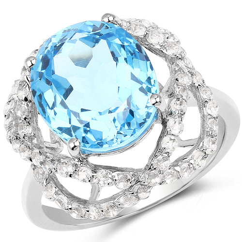 7.32 Carat Genuine Swiss Blue Topaz & White Topaz .925 Sterling Silver Ring on sale at MyriadMart