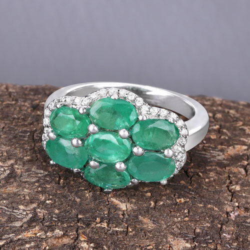 3.33 Carat Genuine Zambian Emerald and White Zircon .925 Sterling Silver Ring on sale at MyriadMart