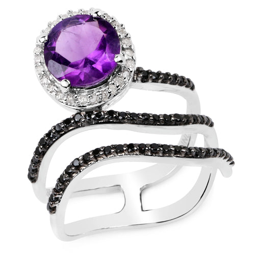 2.31 Carat Genuine Amethyst, Black Spinel and White Diamond .925 Sterling Silver Ring on sale at MyriadMart