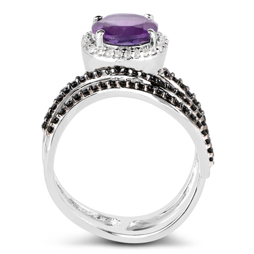 2.31 Carat Genuine Amethyst, Black Spinel and White Diamond .925 Sterling Silver Ring on sale at MyriadMart