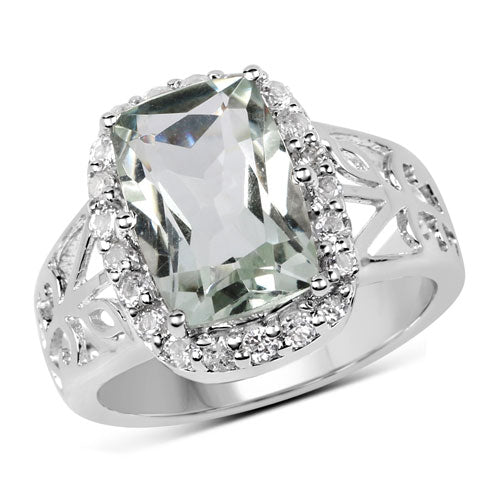 3.94 Carat Genuine Green Amethyst and White Topaz .925 Sterling Silver Ring on sale at MyriadMart
