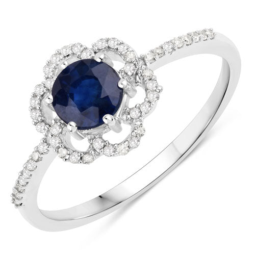 0.78 Carat Genuine Blue Sapphire and White Diamond 14K White Gold Ring on sale at MyriadMart