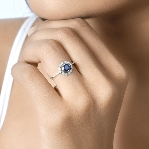 0.78 Carat Genuine Blue Sapphire and White Diamond 14K White Gold Ring on sale at MyriadMart
