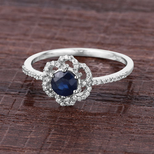 0.78 Carat Genuine Blue Sapphire and White Diamond 14K White Gold Ring on sale at MyriadMart