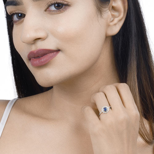 0.72 Carat Genuine Blue Sapphire and White Diamond 14K White Gold Ring on sale at MyriadMart