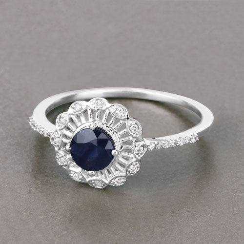 0.72 Carat Genuine Blue Sapphire and White Diamond 14K White Gold Ring on sale at MyriadMart