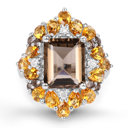 6.72 Carat Genuine Smoky Quartz, Citrine and White Diamond .925 Sterling Silver Ring on sale at MyriadMart