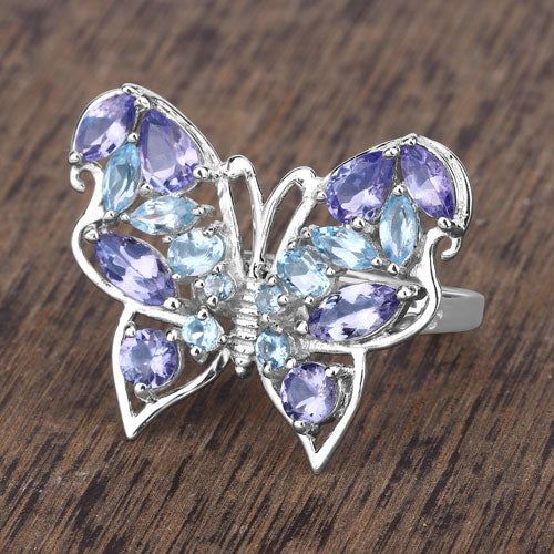 3.60 Carat Genuine Tanzanite and Swiss Blue Topaz .925 Sterling Silver Ring on sale at MyriadMart