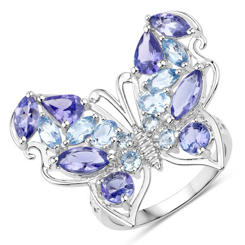 3.60 Carat Genuine Tanzanite and Swiss Blue Topaz .925 Sterling Silver Ring on sale at MyriadMart