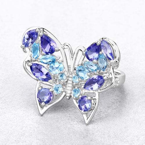 3.60 Carat Genuine Tanzanite and Swiss Blue Topaz .925 Sterling Silver Ring on sale at MyriadMart