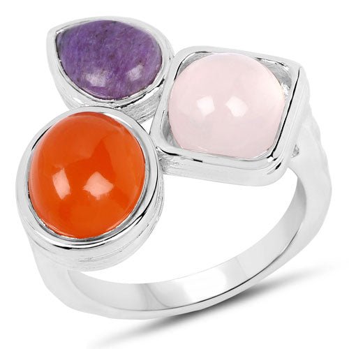 5.21 Carat Genuine Rose Quartz, Carnelian And Charolite .925 Sterling Silver Ring on sale at MyriadMart