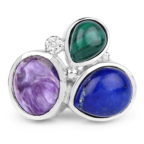 11.23 Carat Genuine Malachite, Charolite And Lapis .925 Sterling Silver Ring on sale at MyriadMart