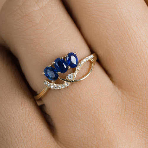 0.65 Carat Genuine Blue Sapphire and White Diamond 14K Yellow Gold Ring on sale at MyriadMart