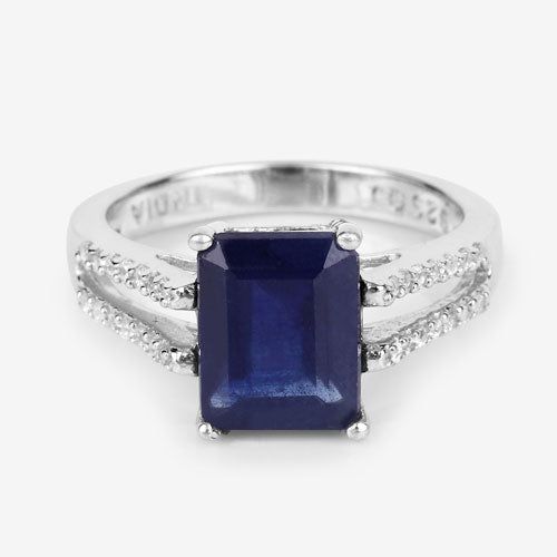 3.07 Carat Glass Filled Sapphire and White Zircon .925 Sterling Silver Ring on sale at MyriadMart