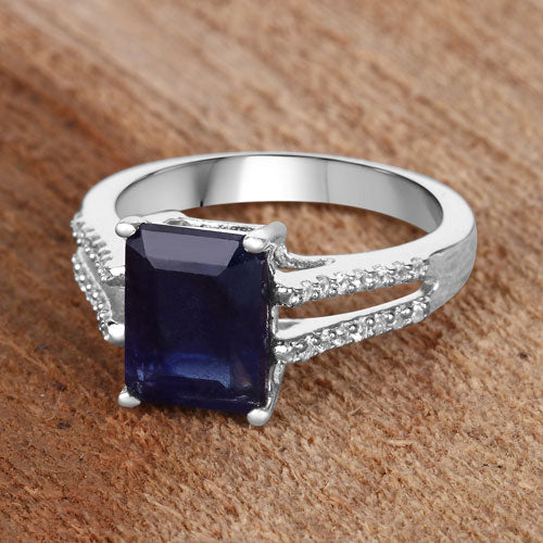 3.07 Carat Glass Filled Sapphire and White Zircon .925 Sterling Silver Ring on sale at MyriadMart
