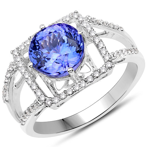 14K White Gold 3.26 Carat Genuine Tanzanite and White Diamond Ring on sale at MyriadMart
