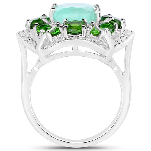 5.49 Carat Genuine Emerald, Chrome Diopside and White Diamond .925 Sterling Silver Ring on sale at MyriadMart