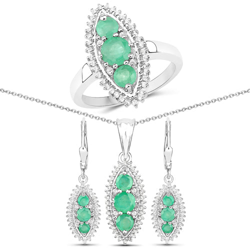 3.52 Carat Genuine Zambian Emerald and White Topaz .925 Sterling Silver 3 Piece Jewelry Set Ring, Earrings, and Pendant w/ Chain on sale at MyriadMart
