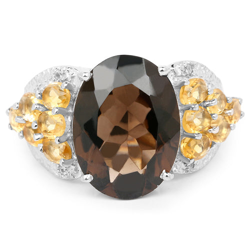 9.74 Carat Genuine Smoky Quartz, Citrine & White Topaz .925 Sterling Silver Ring on sale at MyriadMart
