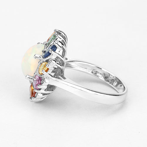 3.92 Carat Genuine Ethiopian Opal, Multi Sapphire and White Diamond .925 Sterling Silver Ring on sale at MyriadMart