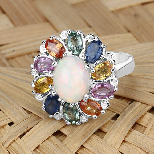 3.92 Carat Genuine Ethiopian Opal, Multi Sapphire and White Diamond .925 Sterling Silver Ring on sale at MyriadMart
