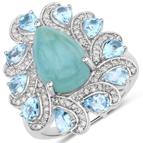 5.23 Carat Genuine Aquamarine and White Diamond .925 Sterling Silver Ring on sale at MyriadMart